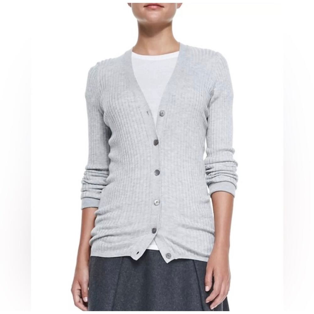 VINCE Skinny Ribbed Button Front Cashmere Blend Preppy Cardigan Gray Large